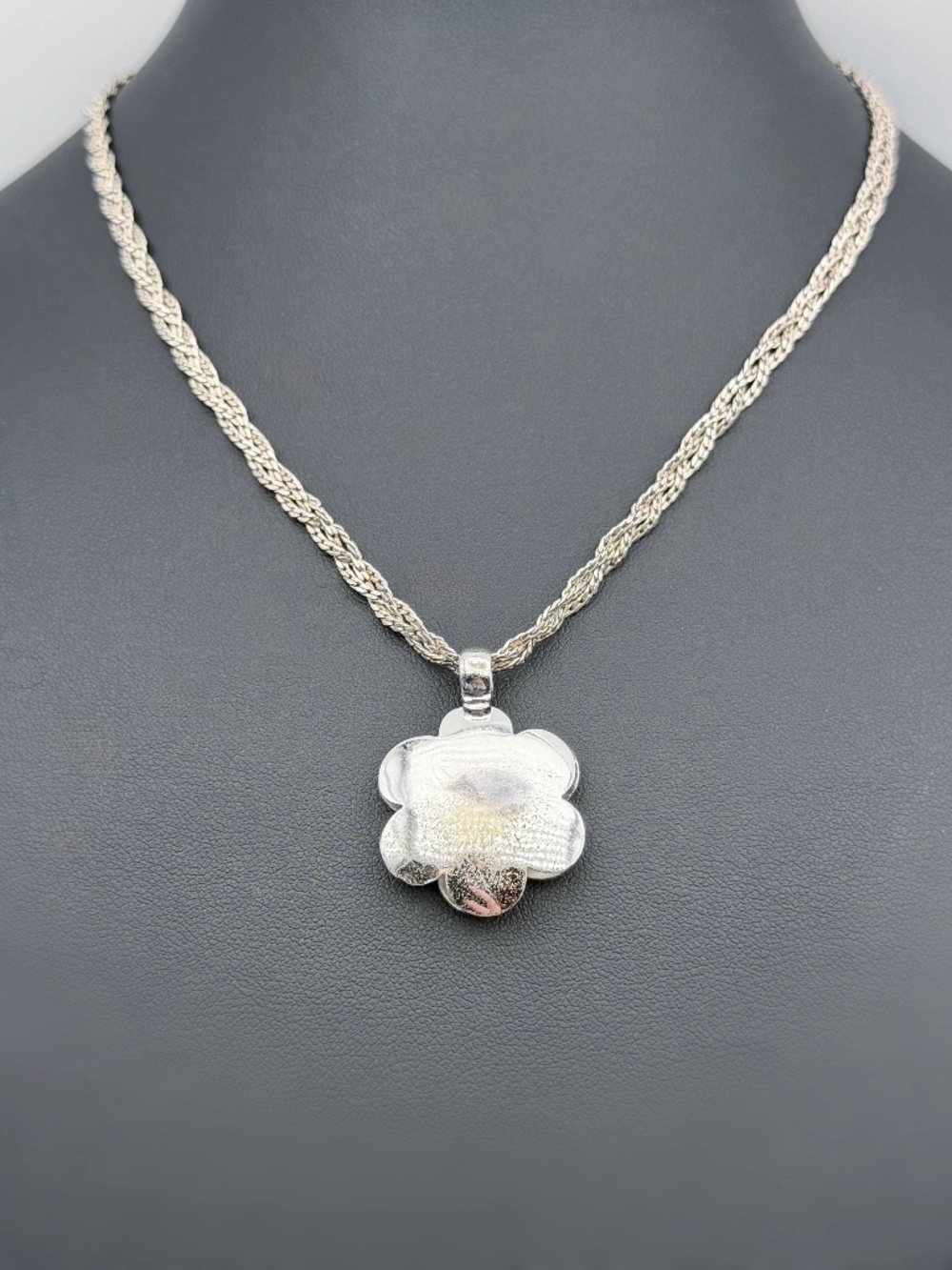 Vintage 925 Sterling Silver Flower Charm Pendant Multi-Strand Braided Chain